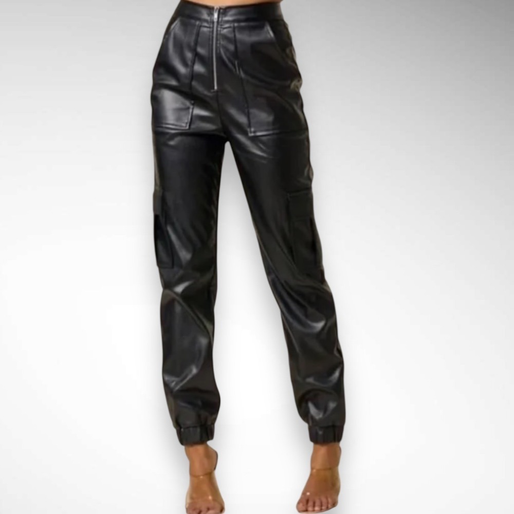 BLUE BLUSH Women's Black High Waisted Faux Leather Joggers Small‎ | EUC